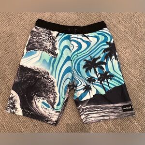 Hurley Boy’s Aqua and Black Wave Print Board Shorts